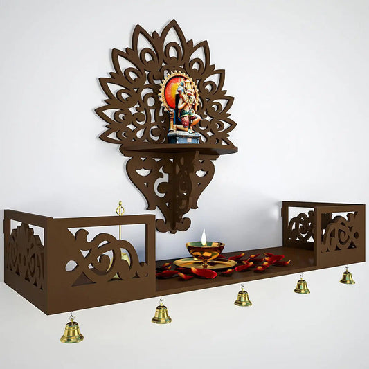 Beautiful Wall Wooden Temple/ Pooja Mandir Design with Shelf, Brown Color