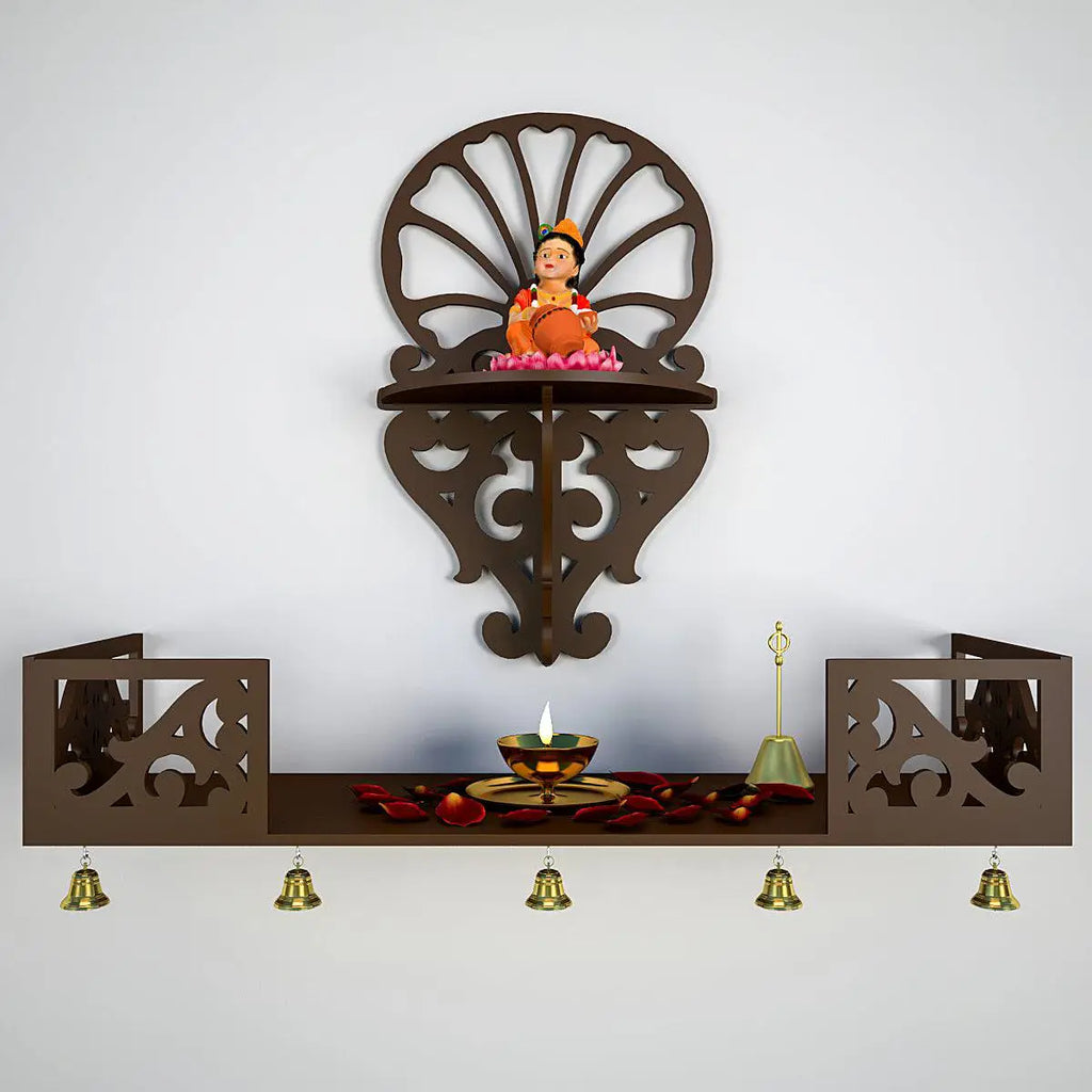 Beautiful Wall Hanging Wooden Temple/ Pooja Mandir Design with Shelf, Brown Color