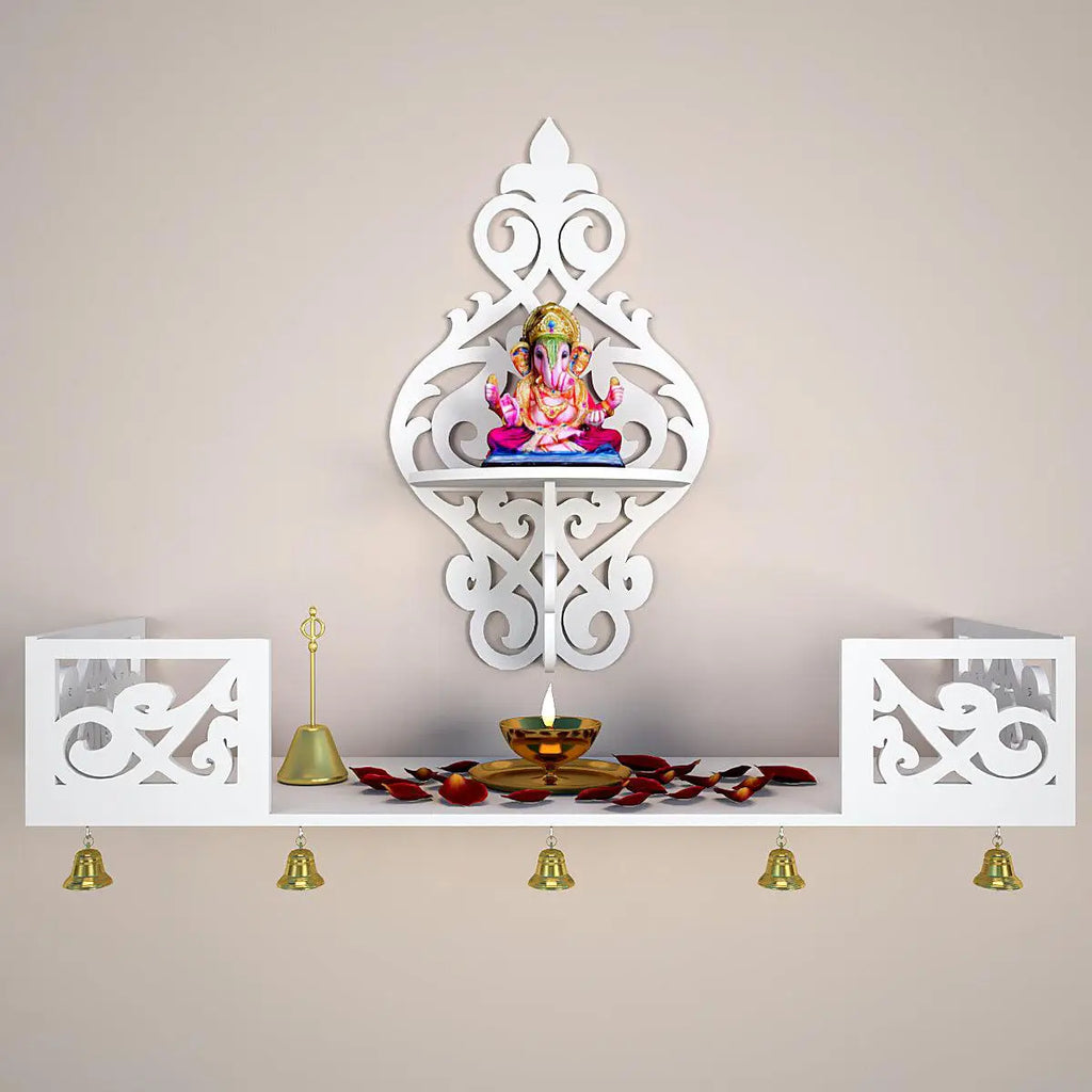 Beautiful Wall Hanging Wooden Temple/ Pooja Mandir Design with Shelf, White Color