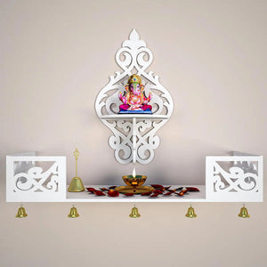 Beautiful Wall Hanging Wooden Temple/ Pooja Mandir Design with Shelf, White Color