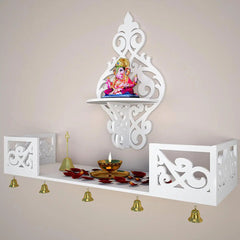 Beautiful Wall Hanging Wooden Temple/ Pooja Mandir Design with Shelf, White Color