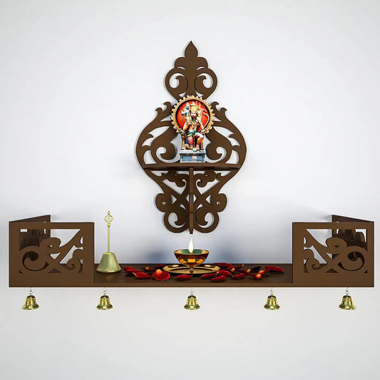 Beautiful Wall Hanging Wooden Temple/ Pooja Mandir Design with Shelf,  Brown Color