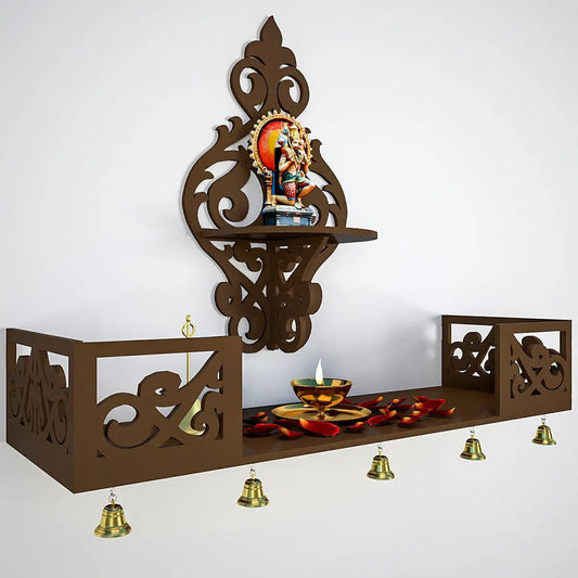 Beautiful Wall Hanging Wooden Temple/ Pooja Mandir Design with Shelf,  Brown Color