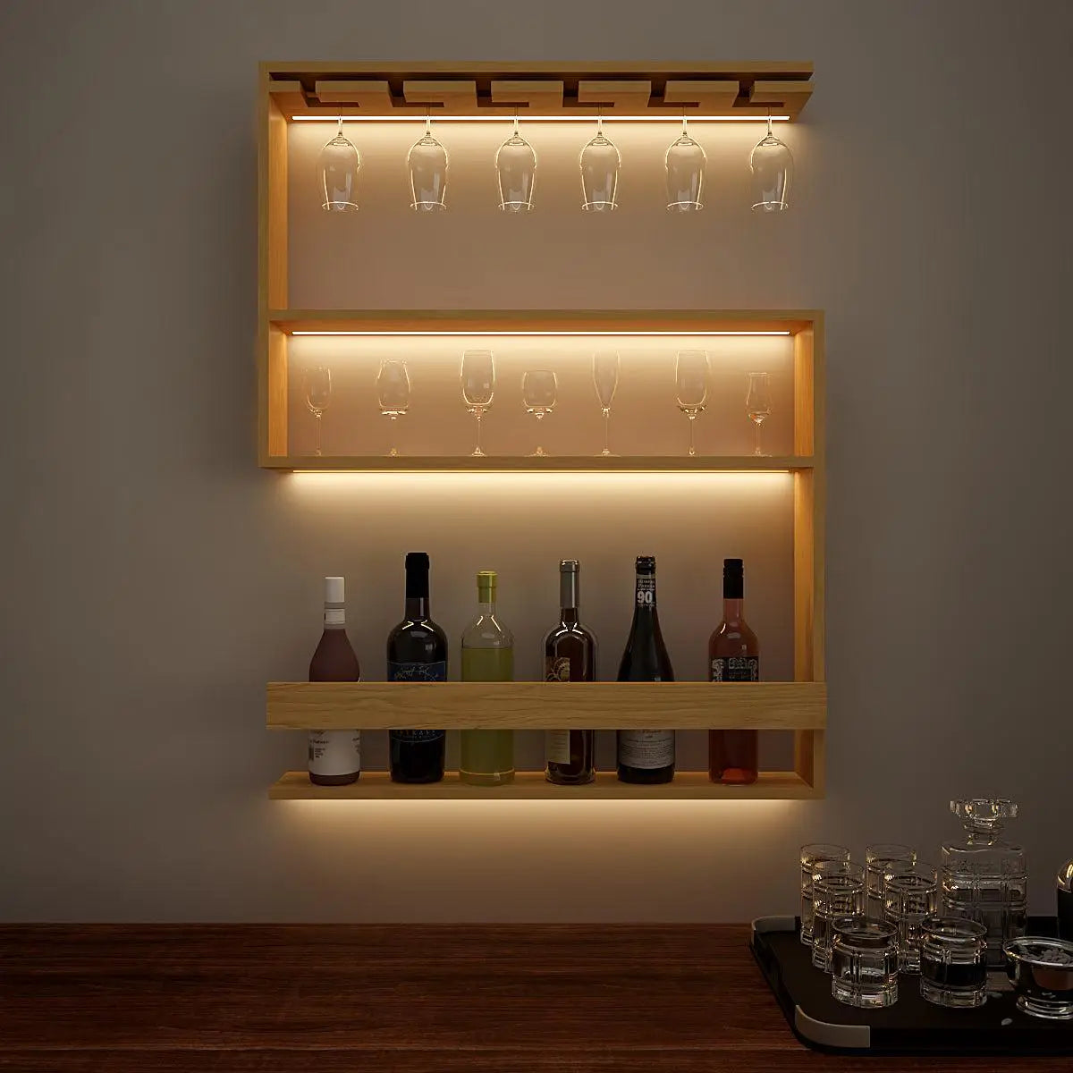 Modern Backlit MDF Bar Wall Shelf / Mini Bar Cabinet in Light Oak Finish