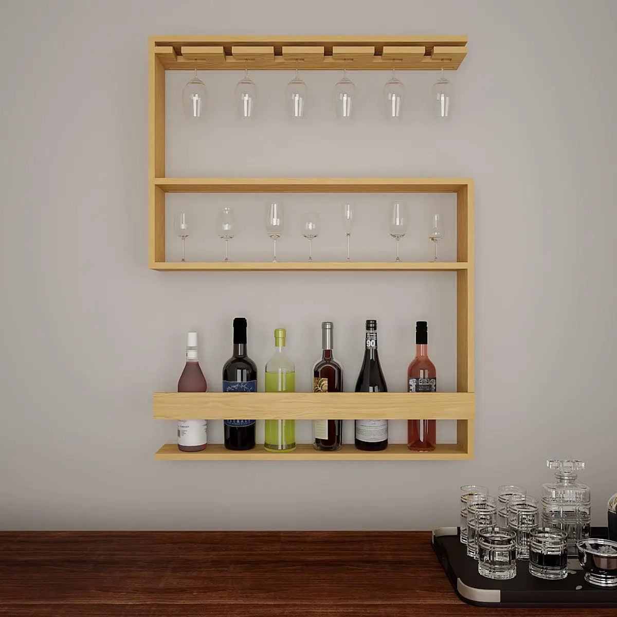 Modern MDF Bar Wall Shelf / Mini Bar Cabinet in Oak Finish