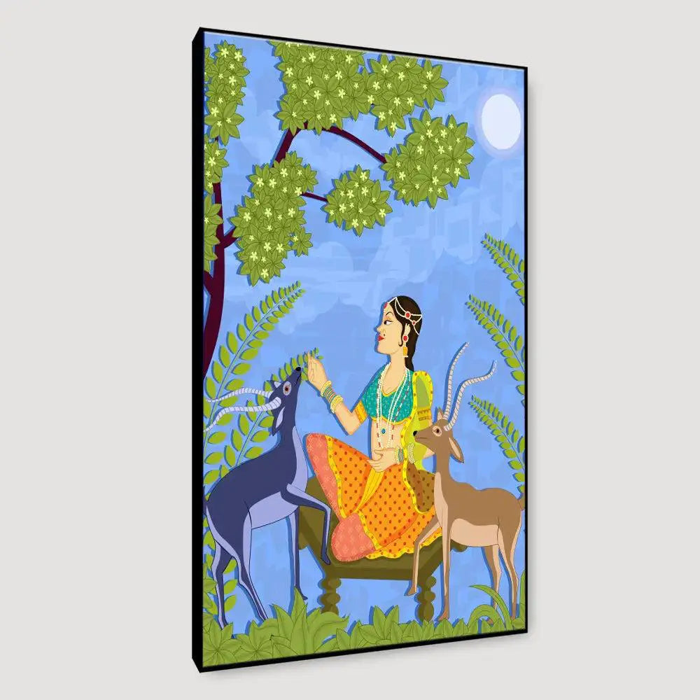 Beautiful Lady With Deer Madhubani Painting /  Canvas Print  Stretched on Wood Bars 61 x 41cm