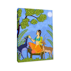 Beautiful Lady With Deer Madhubani Painting /  Canvas Print  Stretched on Wood Bars 61 x 41cm