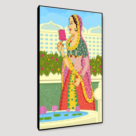 Beautiful Queen at Garden Madhubani Painting /  Canvas Print  Stretched on Wood Bars 61 x 41cm