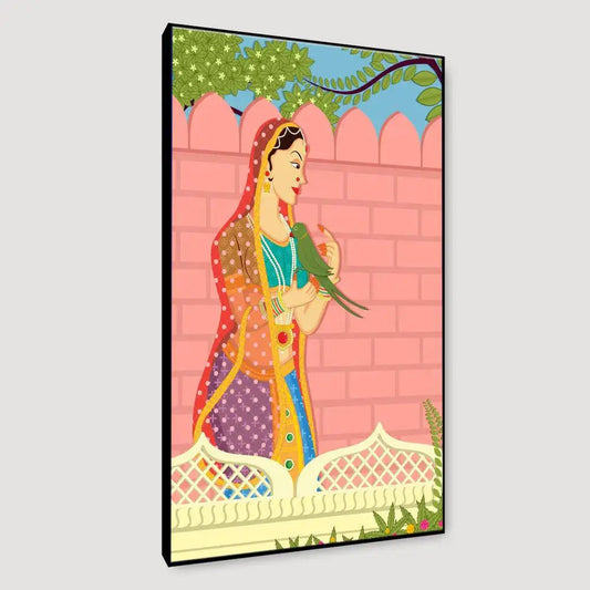 Queen with parrot Beautiful Madhubani Painting /  Canvas Print  Stretched on Wood Bars 61 x 41cm