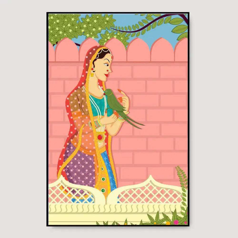 Beautiful Queen With Parrot Madhubani Painting /  Canvas Print  Stretched on Wood Bars 61 x 41cm