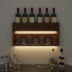 Modish Backlit MDF Bar Wall Shelf / Mini Bar Cabinet in Walnut Finish