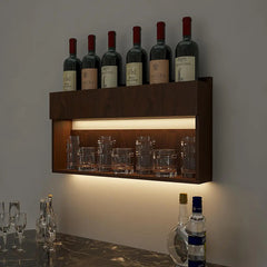Modish Backlit MDF Bar Wall Shelf / Mini Bar Cabinet in Walnut Finish