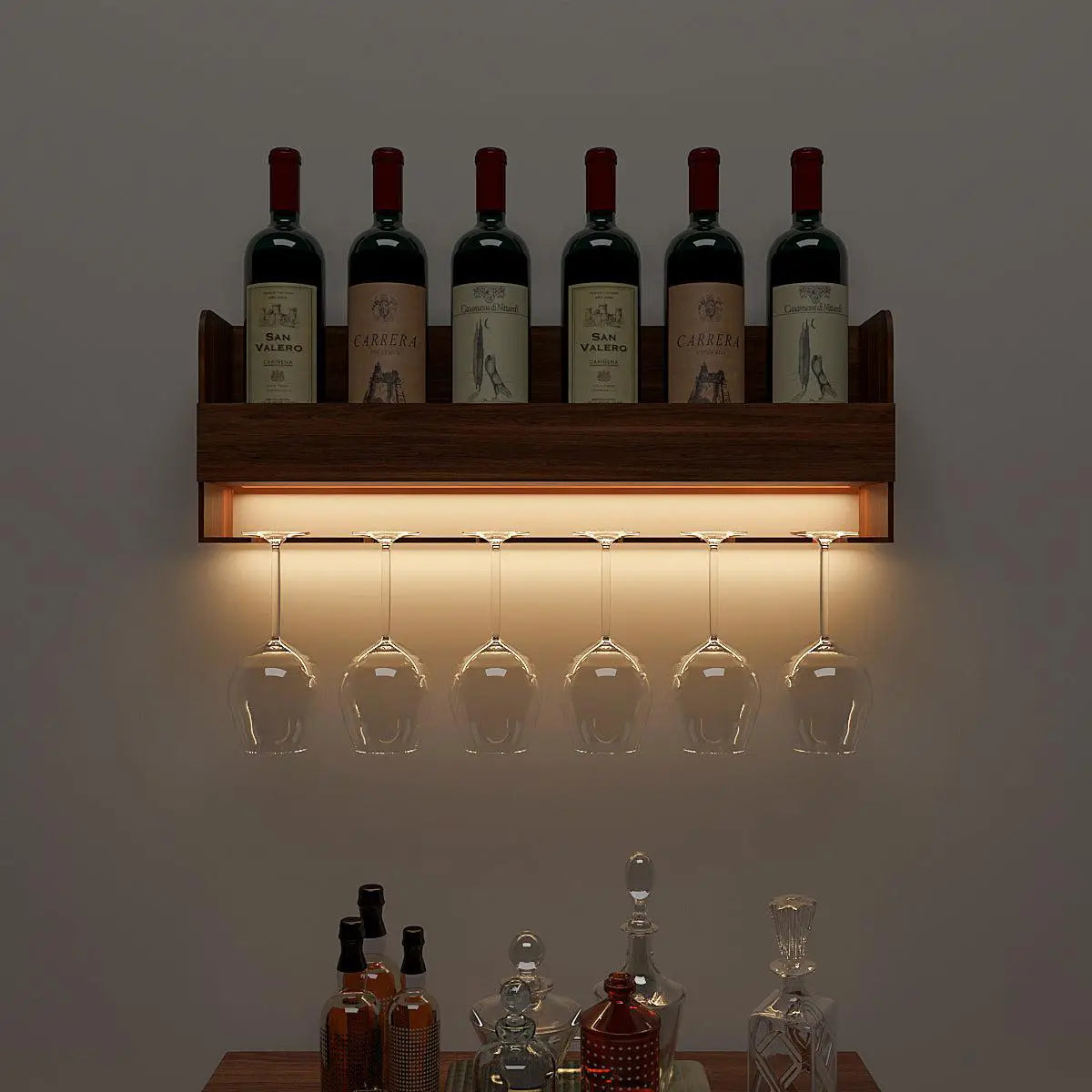 " Engineered Wood Backlit Bar Wall Shelf / Mini Bar Cabinet in Walnut Finish"