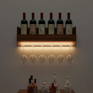 Engineered Wood Backlit Bar Wall Shelf / Mini Bar Cabinet in Walnut Finish
