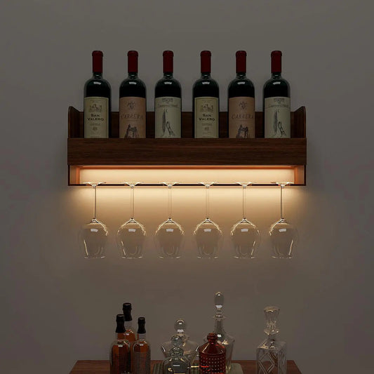 Engineered Wood Backlit Bar Wall Shelf / Mini Bar Cabinet in Walnut Finish