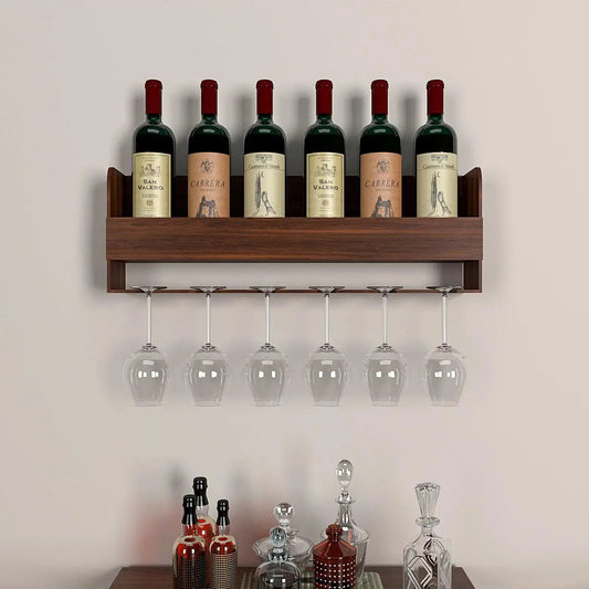 Engineered Wood Backlit Bar Wall Shelf / Mini Bar Cabinet in Walnut Finish