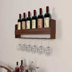 Engineered Wood Backlit Bar Wall Shelf / Mini Bar Cabinet in Walnut Finish