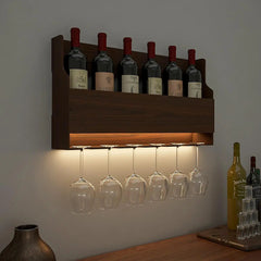 Spacious Backlit MDF Bar Wall Shelf / Mini Bar Cabinet in Walnut Finish