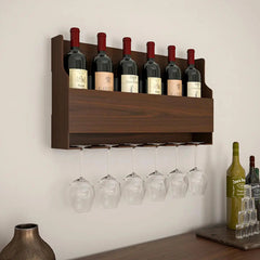 Spacious Backlit MDF Bar Wall Shelf / Mini Bar Cabinet in Walnut Finish
