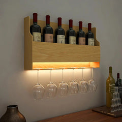 Simplistic Backlit MDF Wall Mounted Bar Shelf / Mini Bar Cabinet in Light Oak Finish