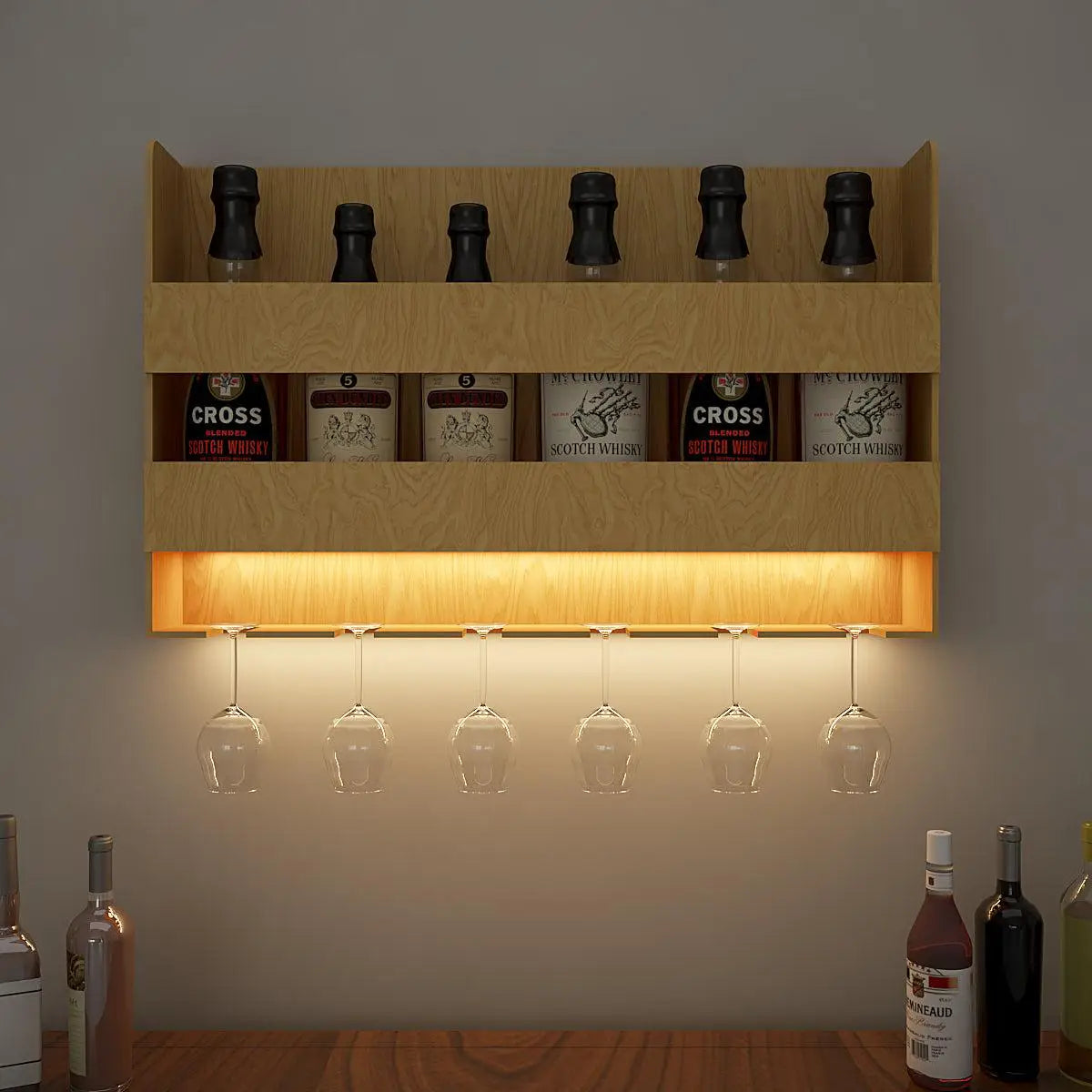 Aesthetic Backlit Wall Mounted Bar Shelf  in Light Oak Finish