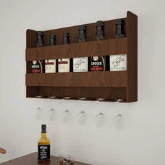 Sturdy Backlit MDF Bar Wall Shelf / Mini Bar Cabinet (Walnut Finish)