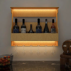 Premium-Quality Backlit MDF Bar Wall Shelf / Mini Bar Cabinet in Light Oak Finish