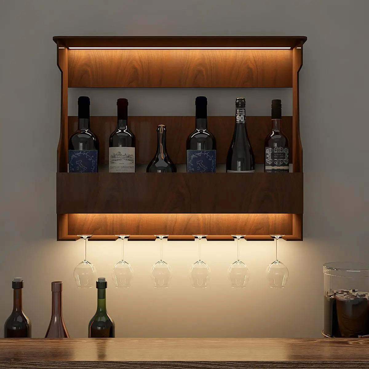 Backlit MDF Bar Wall Shelf / Mini Bar Cabinet in Walnut Finish