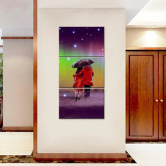 Couple Under Umbrella in Rainy Day Wall Painting Wooden Framed 3 Pieces Canvas Painting