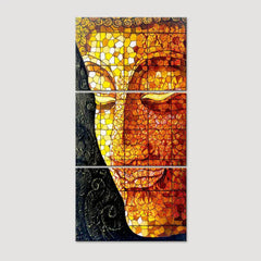 Buddha Face Glass Texture Wall Painting Wooden Framed 3 Pieces Canvas Painting