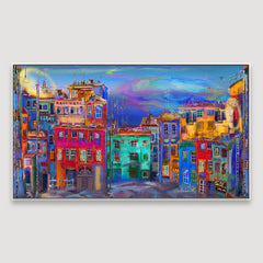 Vibrant homes in Evening street Framed Wall Art