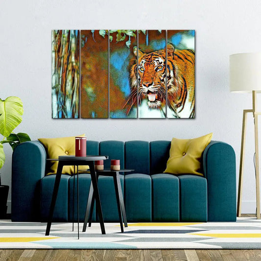 Abstract Tiger Canvas Wall Painting with 5 Panels Framed