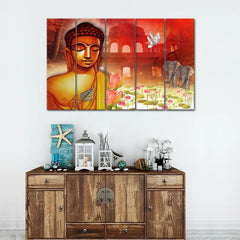 Lord Buddha Meditating with elephant Painting and Framed on Wood Canvas Print Wall Painting