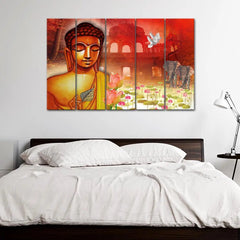 Lord Buddha Meditating with elephant Painting and Framed on Wood Canvas Print Wall Painting