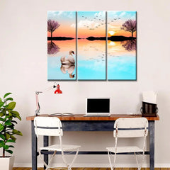 Beautiful Lake Sunrise with Swan 3 Pieces Wall Painting with Wooden Framed