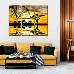 Beautiful Sunset with Elephant Group 3 Pieces Wall Painting with Wooden Framed