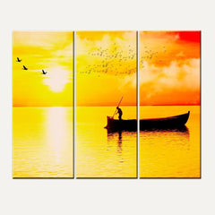 Beautiful Sunset Boat Rowing 3 Pieces Wall Painting with Wooden Framed