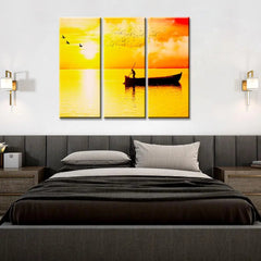 Beautiful Sunset Boat Rowing 3 Pieces Wall Painting with Wooden Framed