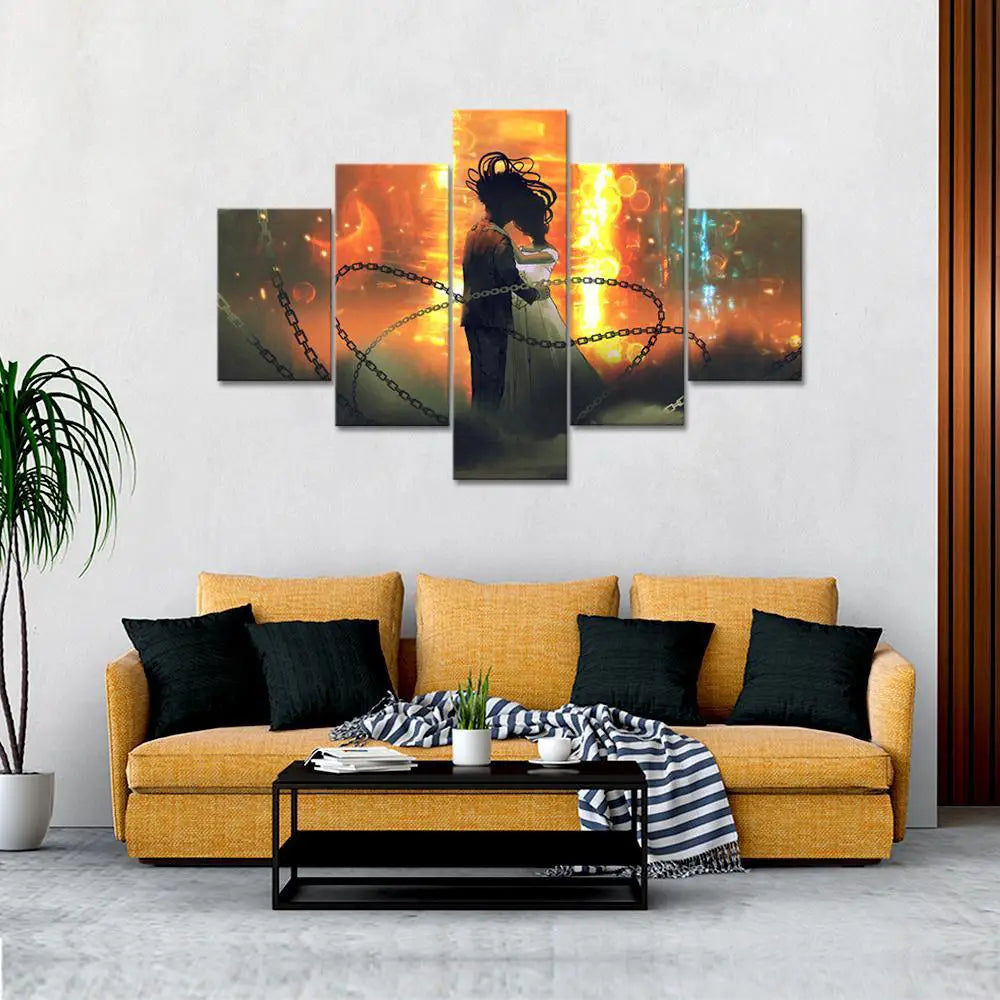 Couple Love Painting Wooden Framed 5 Pieces Canvas Wall Painting