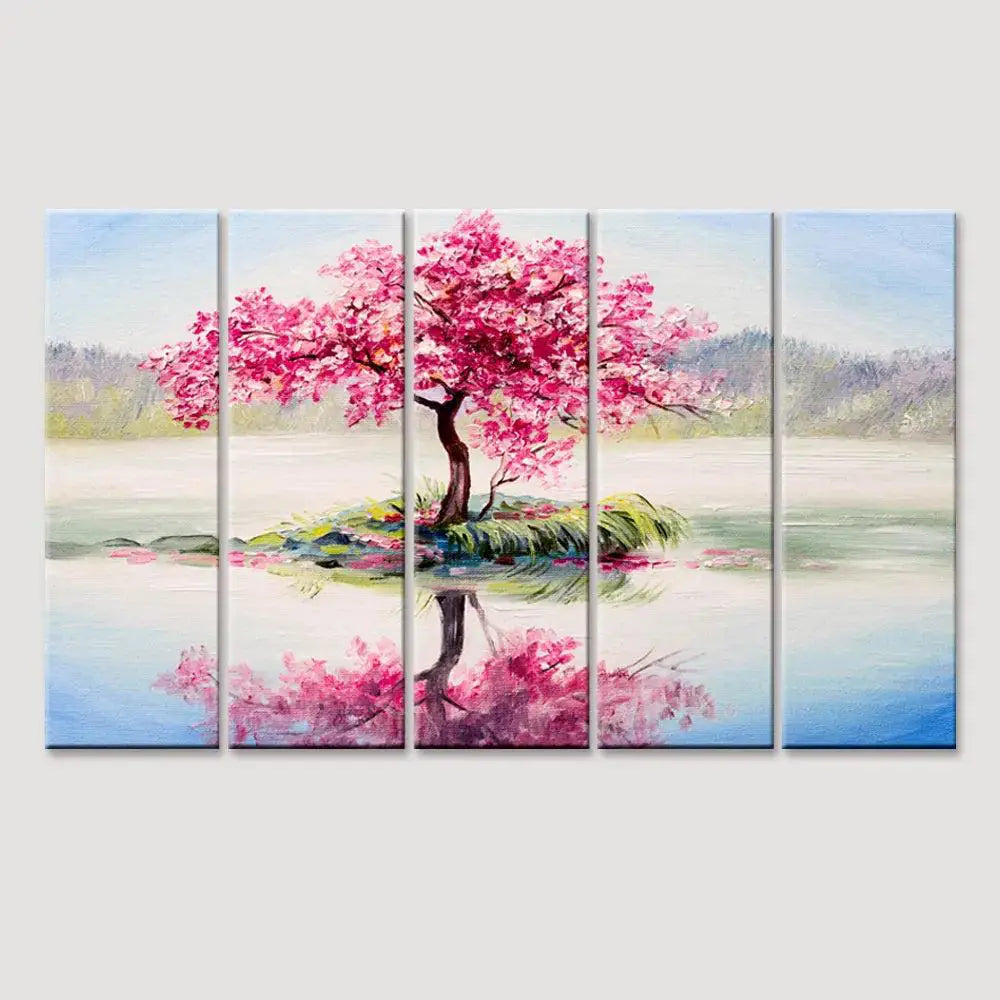 Beautiful Pink Cherry Blossom Tree 5 Pieces Multicolour Wall Painting Framed on Wood