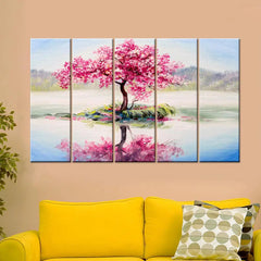 Beautiful Pink Cherry Blossom Tree 5 Pieces Multicolour Wall Painting Framed on Wood