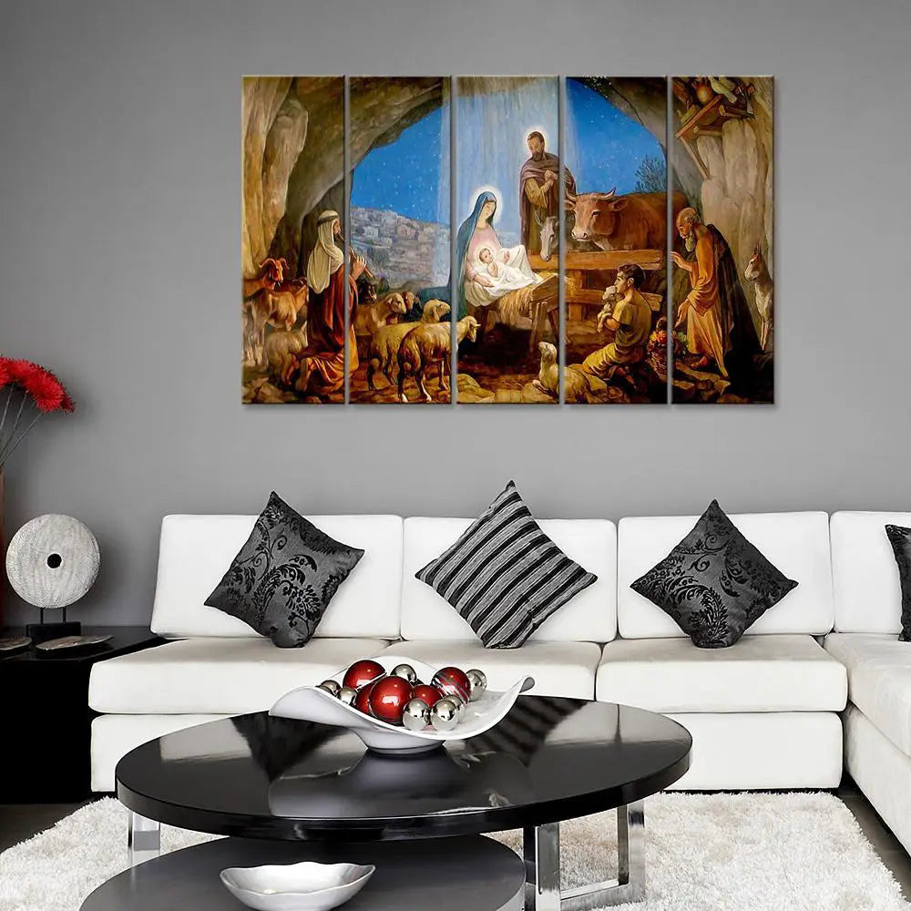 Nativity of Jesus Wall Painting Wooden Framed 5 Pieces Canvas Painting