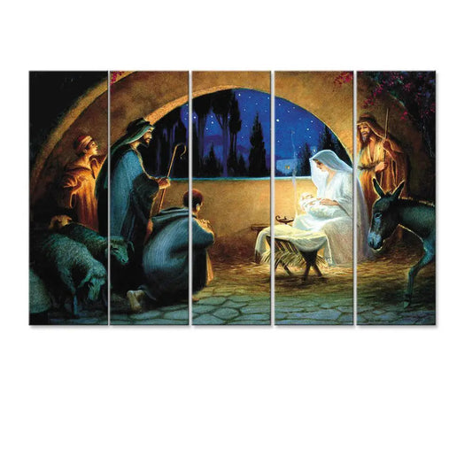 Nativity of Jesus Wall Painting Wooden Framed 5 Pieces Canvas Painting