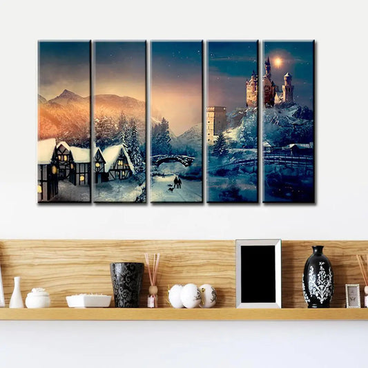 Christmas Night Wall Painting Wooden Framed 5 Pieces Canvas Painting