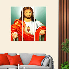 Benevolent Jesus Christ Wall Painting On Canvas Set Of 3 Wooden Frames