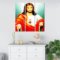 Benevolent Jesus Christ Wall Painting On Canvas Set Of 3 Wooden Frames