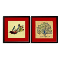 Madhubani Painting / Lord Krishna Painting with Frame - Set of 2 - Lord Krishna Artwork / Black Frame