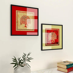 Madhubani  Painting with Frame - Set of 2 - Trees Art / Dark Brown Wood Texture Frame