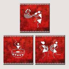 Warli Folk Art Painting Wall Hanging, Set of 3 Pieces