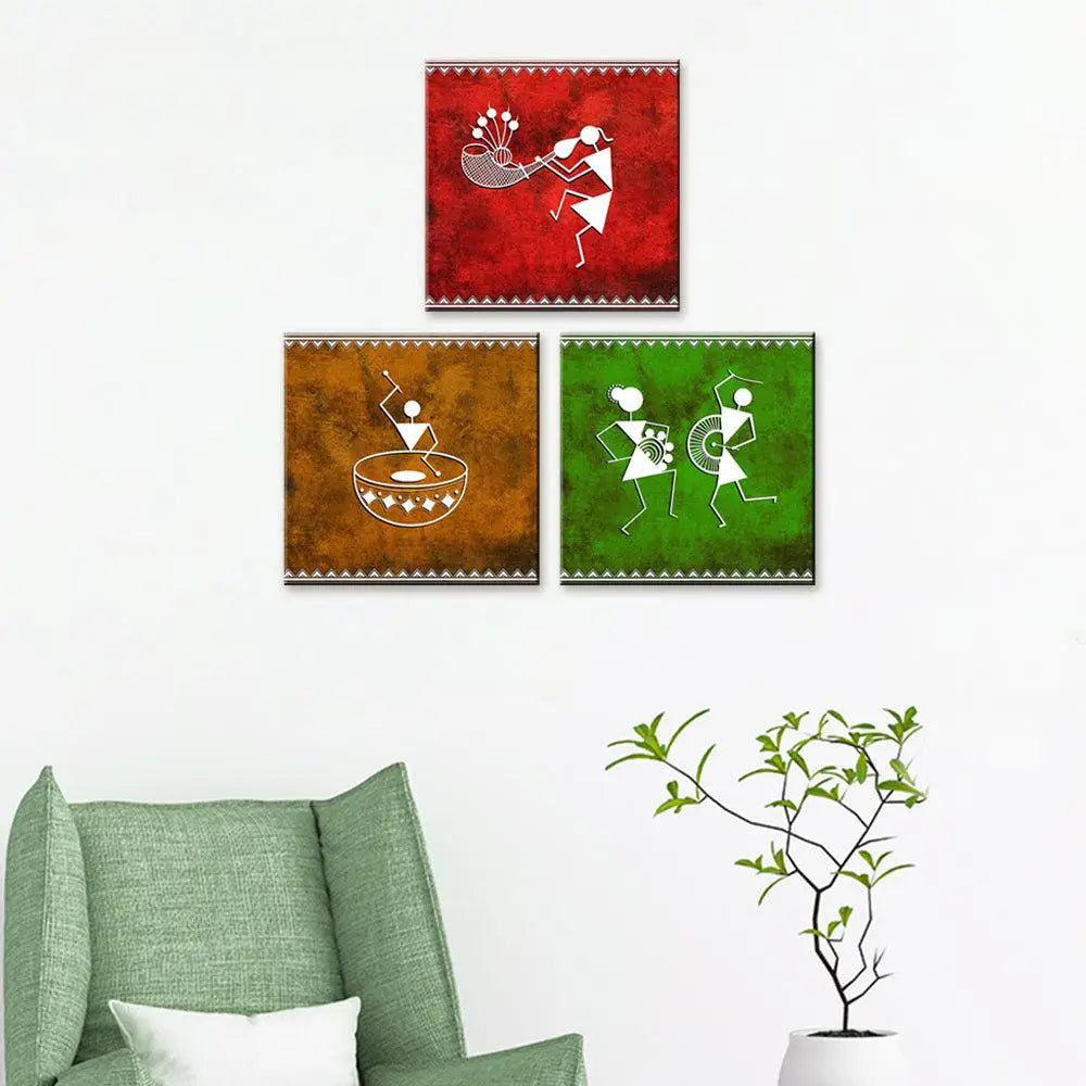 Warli Folk Traditional Art Painting Wall Hanging, Set of 3 Pieces